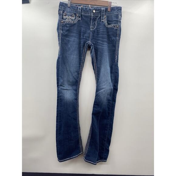 Rock Revival Denim - Rock Revival Womens Rosemary Boot Cut Jeans Blue Embroidered Dark Wash Denim 28